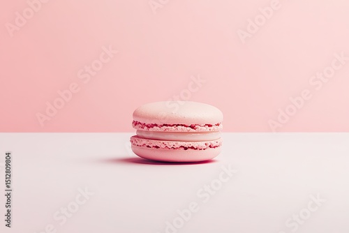 Single pink macaron on a light pink surface