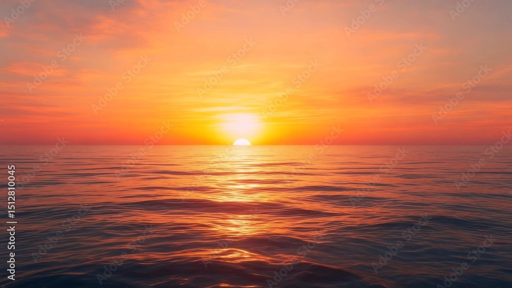 Fototapeta premium Fiery Sunset Over Calm Ocean Waters, Golden Hour Glow
