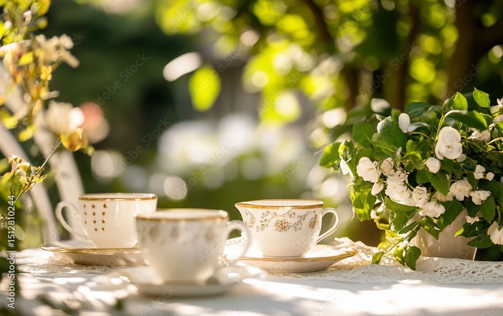 Fototapeta premium Elegant tea cups in garden setting - suitable for professional presentations