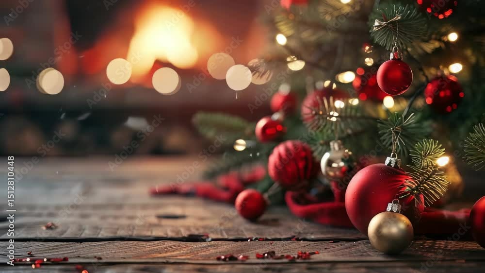 A warm and inviting Christmas scene featuring a decorated evergreen tree with red and gold ornaments, set against a bokeh backdrop of a glowing fireplace. Rustic charm and holiday ambiance.