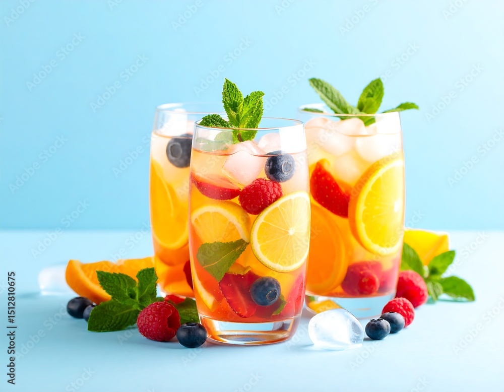 Refreshing fruit tea drinks on a light blue surface Refreshing fruit tea drinks on a light blue surface
