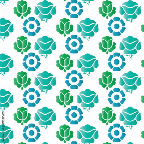 Repeating floral pattern design featuring turquoise and green flower silhouettes on a white background