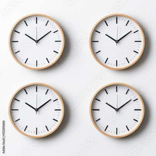 Wallpaper Mural Four Minimalist Wall Clocks Displaying Different Times on White Background Torontodigital.ca