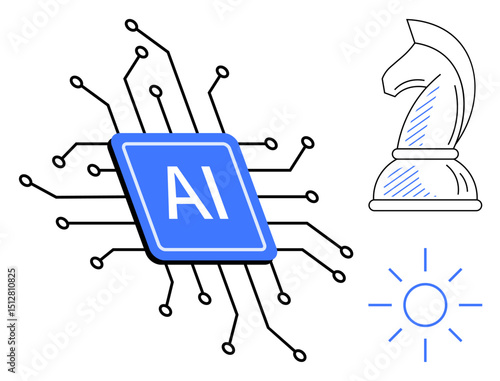 Blue AI microchip with circuits, strategic chess knight, and radiating sun symbolizing innovation, intelligence, and bright ideas. Ideal for technology, innovation, AI, strategy future logic