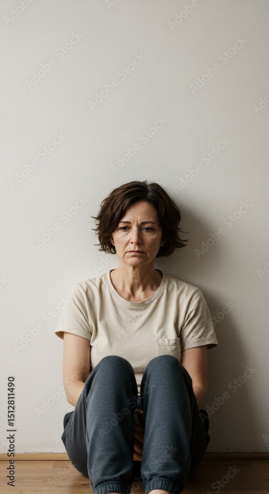 Woman sitting on floor with lost depressive expression. Mental health problem with sad girl in despair. Solitude and depression. Woman sitting on floor with lost depressive expression. Mental health problem with sad girl in despair. Solitude and depression.