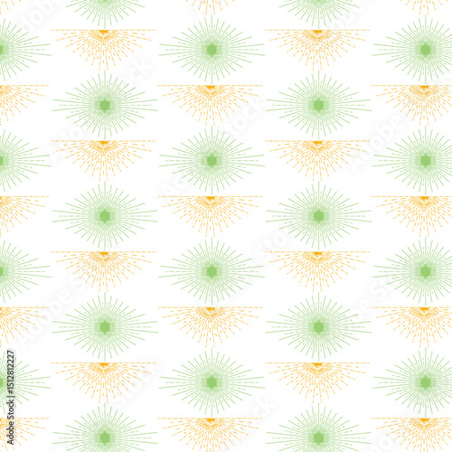 Seamless repeating pattern of starburst and sunburst style design in a pastel color scheme