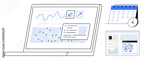 Laptop screen with growth charts, graphs, and task lists, alongside a calendar, clock, and webpage. Ideal for business analytics, productivity, planning meeting schedules data management online
