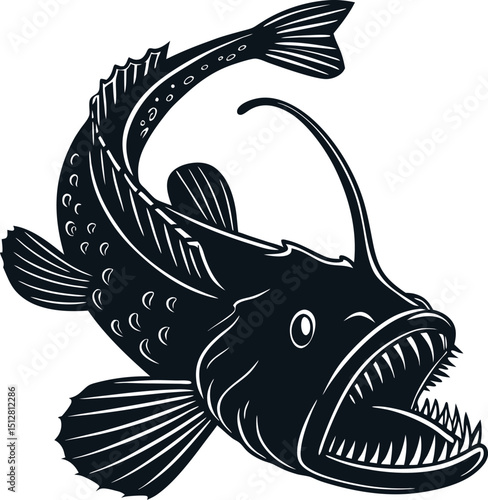 Monkfish Vector Illustration – Striking Deep Sea Creature Design with Detailed Features and Dynamic Pose in Dark Tones