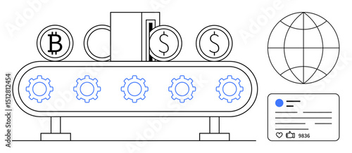 Conveyor belt with Bitcoin, Dollar coins, gears representing automation, alongside global connection and social media. Ideal for fintech, cryptocurrency, automation, global economy, networking