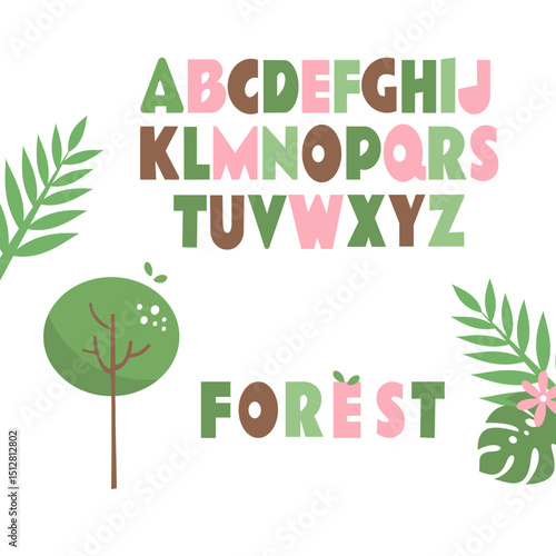 Colorful Forest Alphabet Vector – Cute Nature Style Letters for Kids and Learning Material