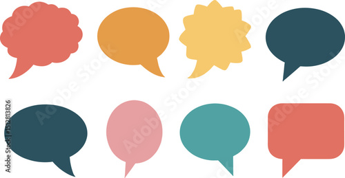 Set of colorful speech and thought bubbles in flat design style. Comic-style blank dialogue balloons. Vector cliparts isolated on transparent background for design and communication themes.