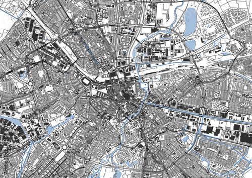 Zoomed-In Vector Map of Eindhoven – Detailed Highways, Buildings, and Waterways Layout for Close-Up Urban Planning and GIS Analysis