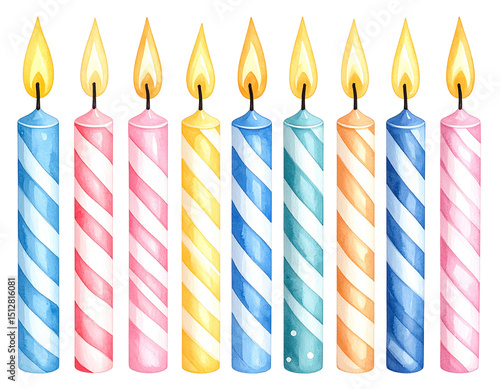 Realistic watercolor birthday candles in various colors and patterns, hand-painted style, isolated on transparent background, perfect for digital decorations