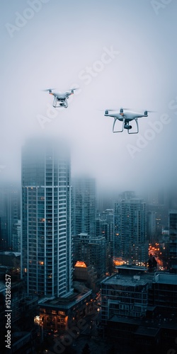 Foggy Cityscape With Drones