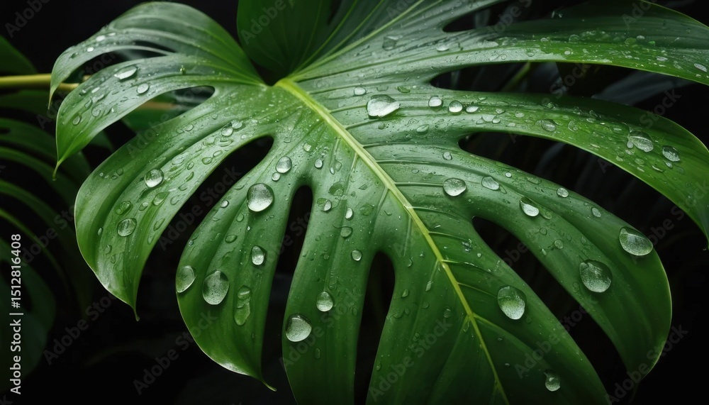 Fototapeta premium Fresh green leaf with sparkling water droplets in nature