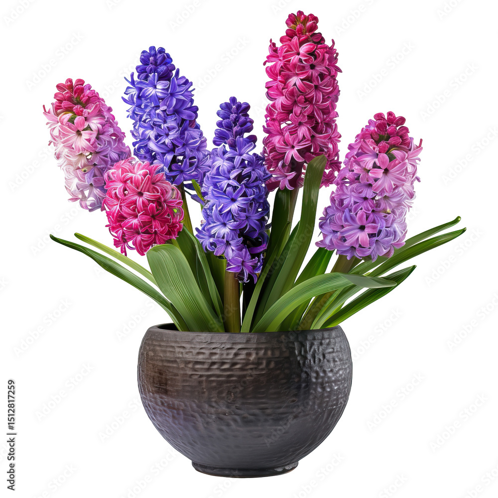 Fototapeta premium Hyacinth Flowers In A Pot. Floral Arrangement In Full Bloom, Vibrant Colors, And On A White Background.