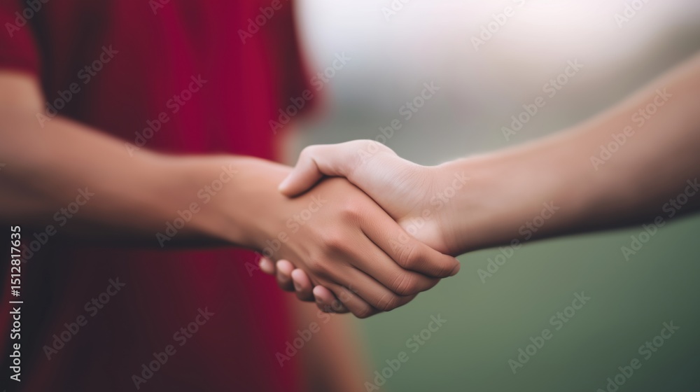 Two people shaking hands in a friendly gesture during an outdoor gathering at sunset. Two people shaking hands in a friendly gesture during an outdoor gathering at sunset.