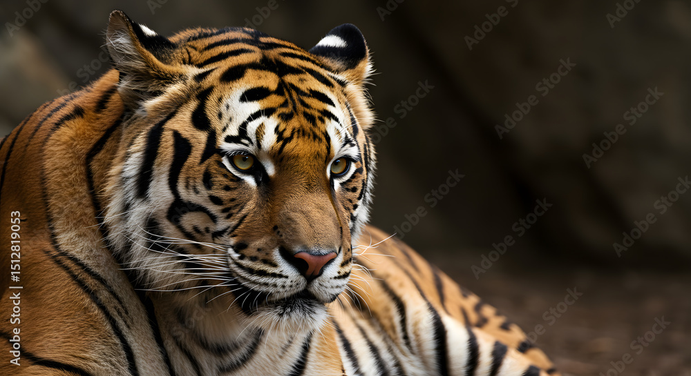 Fototapeta premium Majestic tiger resting with intense stare, showcasing striking orange and black striped fur, wildlife beauty, powerful predator, close-up, nature photography 