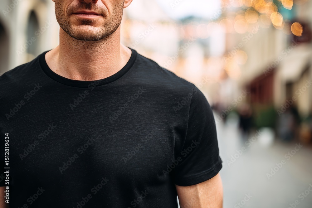 Close-up of a man wearing a black t-shirt outdoors, blurred background and lights. Close-up of a man wearing a black t-shirt outdoors, blurred background and lights.