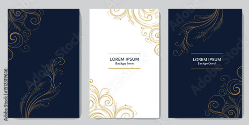 Vector set of abstract fancy line golden labels, luxury elite cards, wave elegant backgrounds. Japanese sea posters, corporate packages, art deco frames