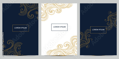 Vector set of line wave luxury patterns, fancy labels, wine package design. Gold on white and blue elegant japanese style graphic, curve ornament