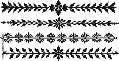Elegant black floral decorative borders and dividers in symmetrical style. Vector cliparts isolated on transparent background. Perfect for invitations, frames, and vintage designs.