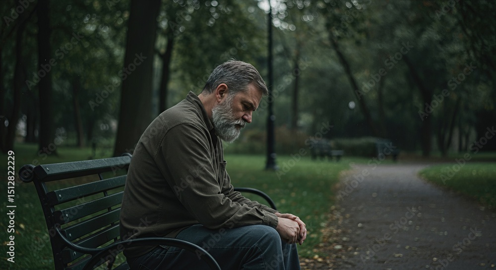 Fototapeta premium Sad man sitting alone on park bench, feeling lost and depressed, showcasing grief, loneliness, and mental health struggles