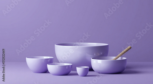 Wallpaper Mural A collection of bowls in varying sizes and a wooden spoon on a purple monochromatic background Torontodigital.ca