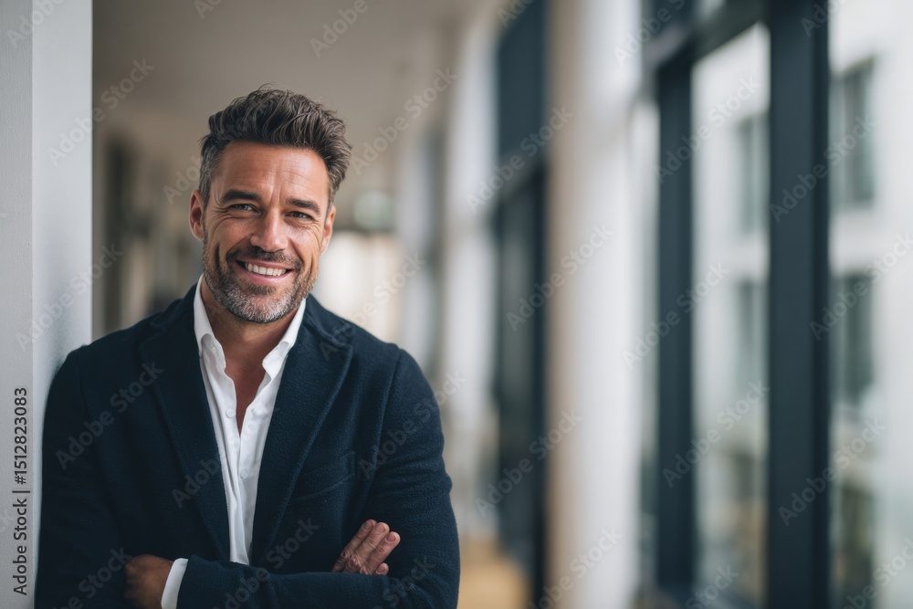 Smiling businessman leaning against a wall confidently in an office hallway. Smiling businessman leaning against a wall confidently in an office hallway.