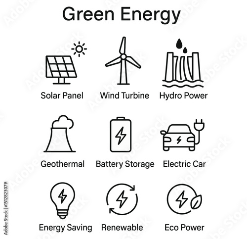Green Energy Icons – Black and White Vector Set of 9 Renewable Power Concepts

