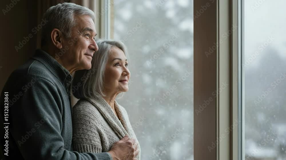 Senior Couple Gazing Out Window Together in Winter Snowy Setting Reflecting Love and Companionship Senior Couple Gazing Out Window Together in Winter Snowy Setting Reflecting Love and Companionship