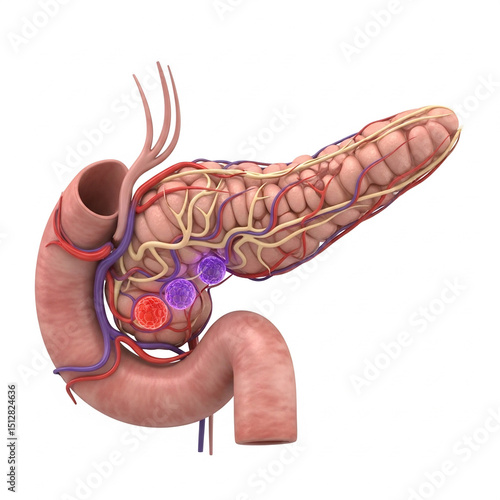 3D render of pancreas showing insulin production issue in diabetes, isolated on white, medical concept image, anatomically accurate