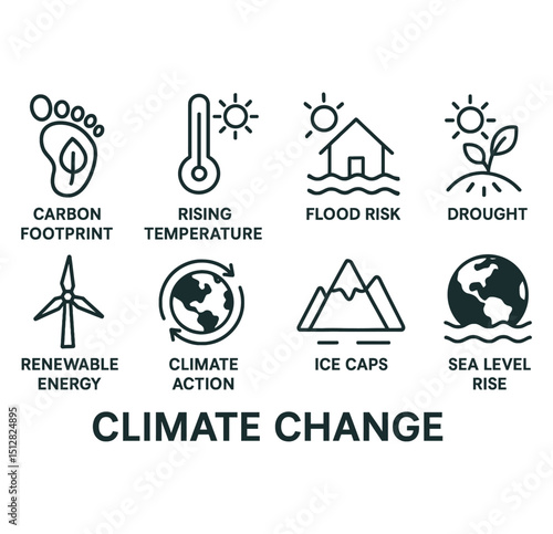 Climate Change Awareness Icon Set – Carbon Footprint, Sea Level Rise, Renewable Energy – Black and White Vector