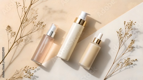 Flat lay of 3 cosmetic skincare bottles on a clean pastel background, soft shadows, minimal composition, neutral color palette, elegant and modern for beauty branding

