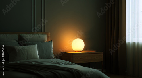 A bedroom scene featuring a bed with pillows and a bedside table with a glowing spherical lamp on it
