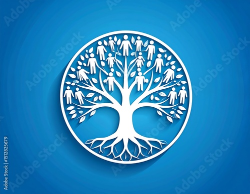 White family tree graphic on blue background