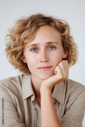 portrait of person with thoughtful expression positioned on left side of frame