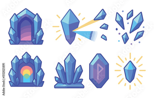 Crystal passageway icon set. flat style symbols for magic and fantasy themes