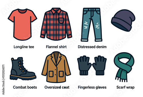 Modern fashion flat icon set. apparel and clothing trend symbols