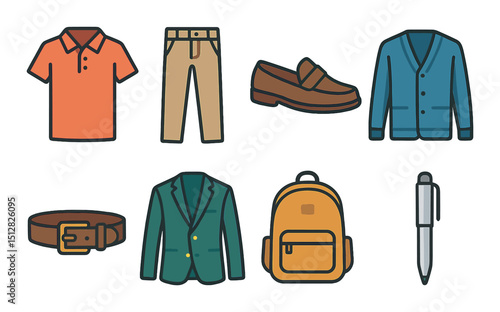 Business casual flat icon set: office attire, workplace fashion symbols