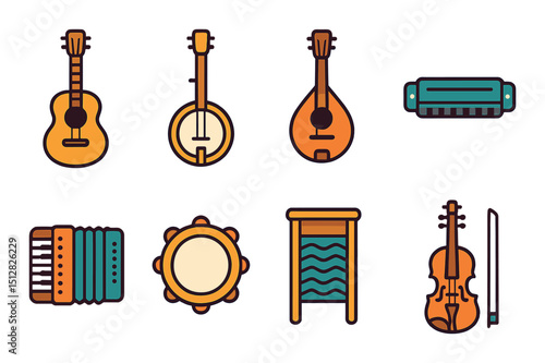 Folk instruments icon set in flat style. traditional music and cultural symbols