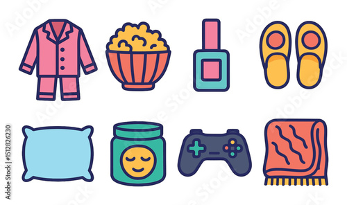 Sleepover essentials icon set: flat style for slumber party and pajama night themes