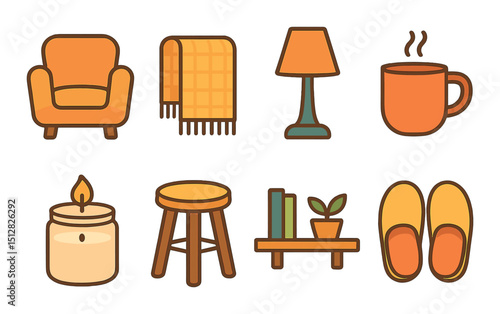 Cozy corner flat icon set. comfortable living, home decor, and leisure symbols