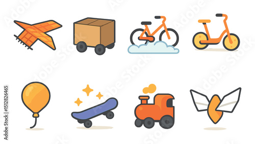Imaginary vehicles icon set in flat style. fantasy transport and whimsical travel