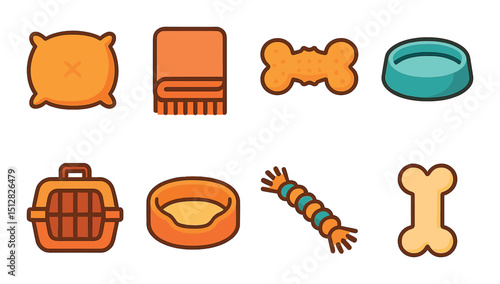 Cozy pet icon set in flat style. animal care, pet supplies symbols
