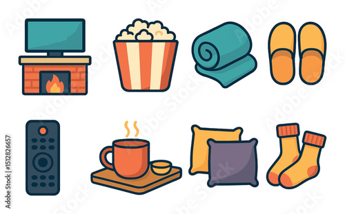 Movie night essentials icon set with flat style. cozy, relax, leisure symbols