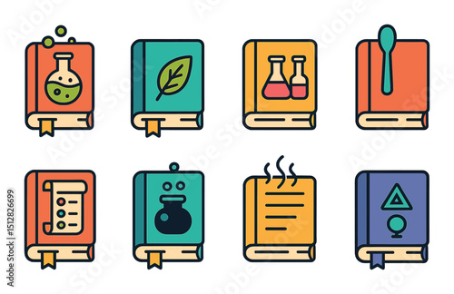 Potion recipe icon set: flat, simple symbols for magic and alchemy apps