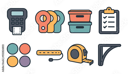Closet organization flat icon set. storage and tool management symbols