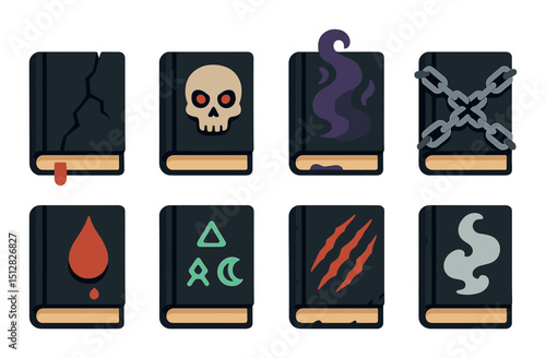 Dark magic tome icon set. flat style mystical and enchantment symbols