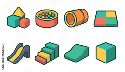 Soft play flat icon set. playtime and recreation symbols for children’s activities